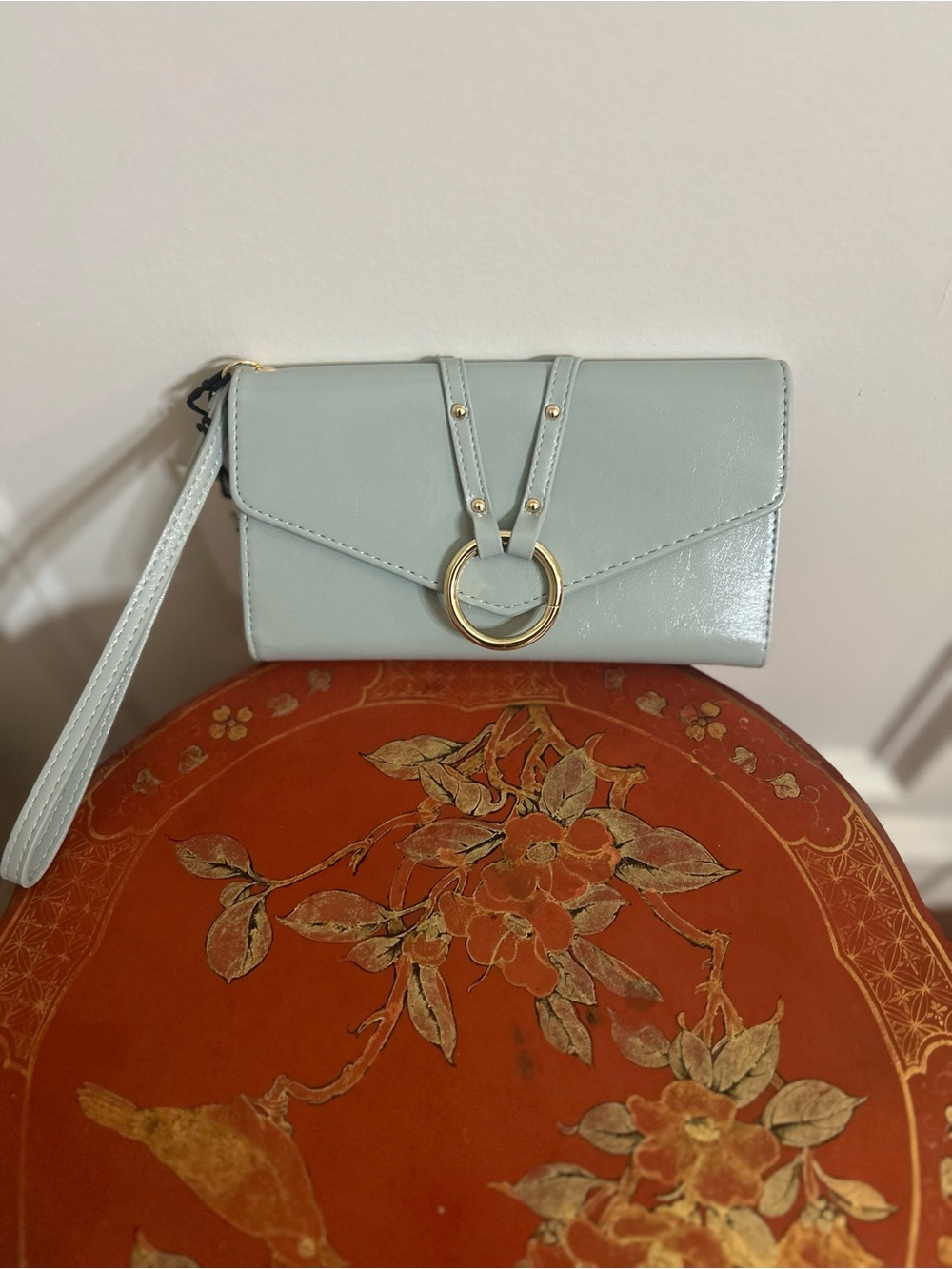 Elegant Light Blue Wristlet Clutch with Gold Ring Accent